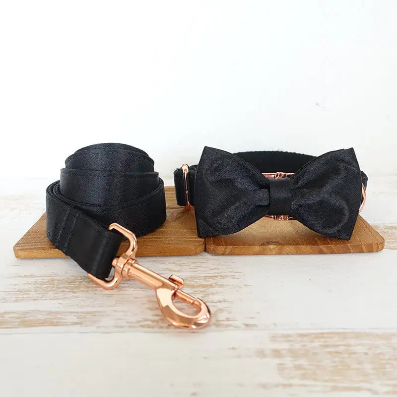 Set Coleira e Trela Preta Rose Gold com Laço