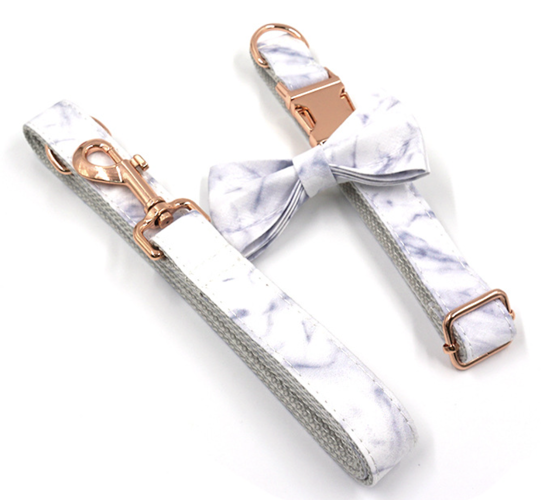 Set Coleira e Trela Marble Rose Gold com Laço
