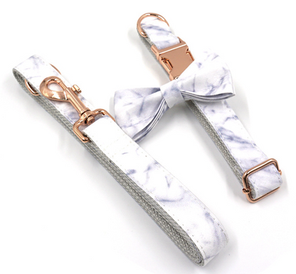 Set Coleira e Trela Marble Rose Gold com Laço