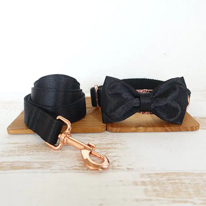 Set Coleira e Trela Preta Rose Gold com Laço